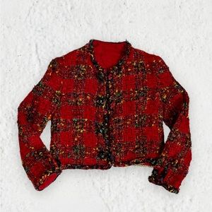 Vintage 80s shaggy Christmas jacket red blazer multi color small missing tag